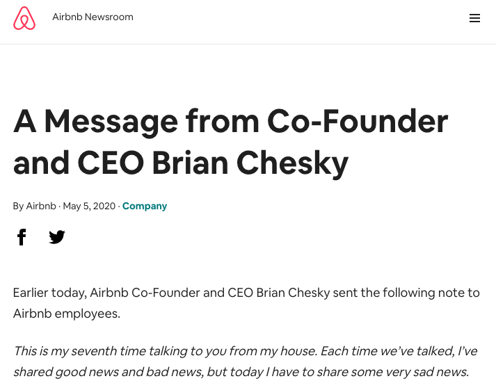Airbnb「従業員の約25％を解雇」CEOが解雇に関して従業員に発したメッセージを和訳。新型コロナウイルスによる苦渋の決断。
