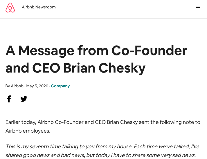 Airbnb「従業員の約25%を解雇」CEOが解雇に関して従業員に発したメッセージを和訳。新型コロナウイルスによる苦渋の決断。