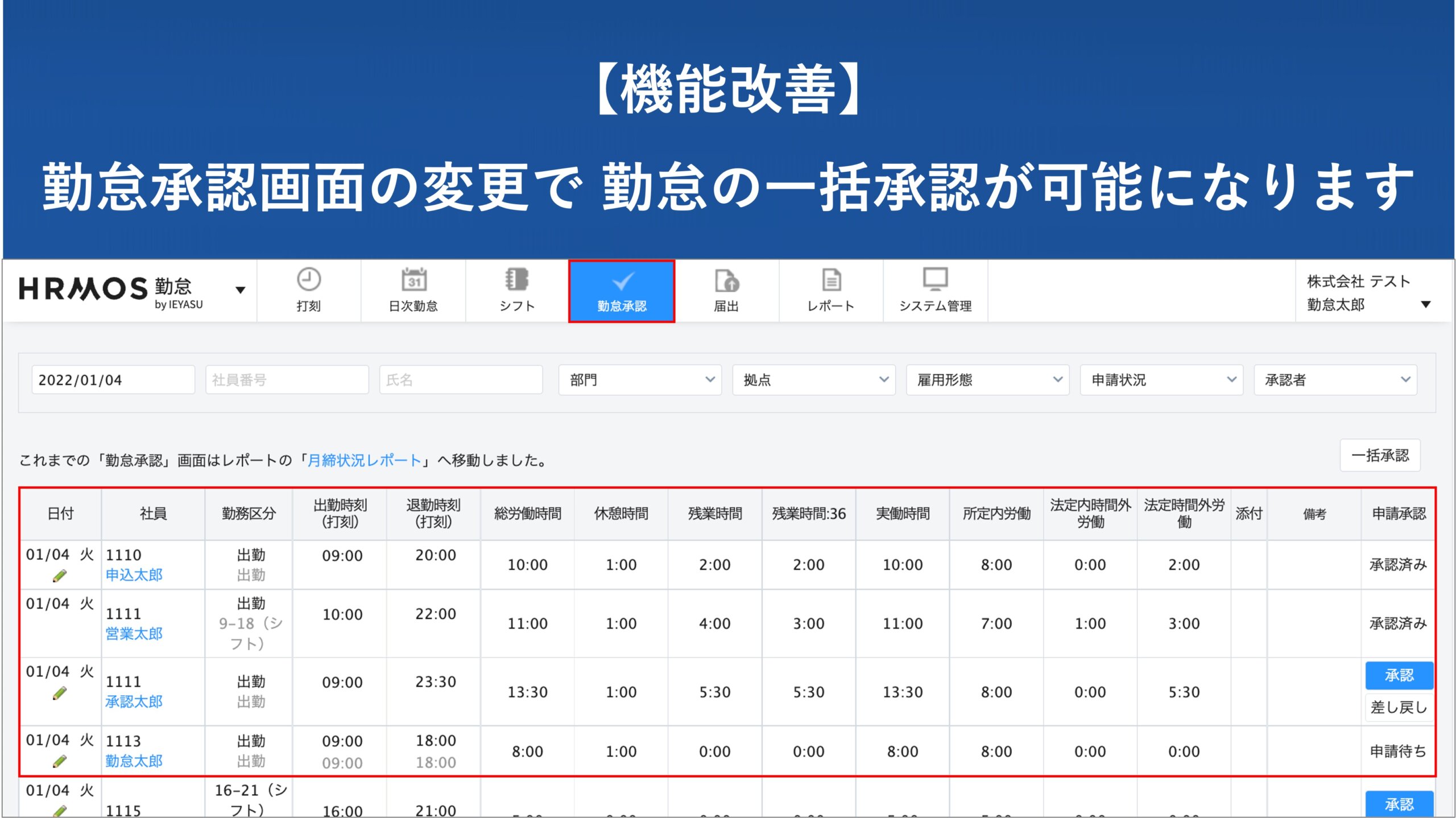 【機能改善】勤怠承認画面の変更で複数人の勤怠を一括承認できるようになります │ HRMOS勤怠 by IEYASU